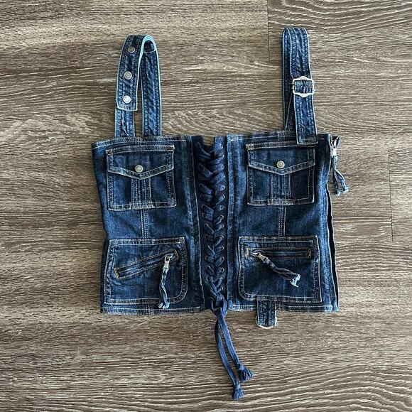 NWOT Jaded London Denim Corset Top Lace-Up Utility Pocket Y2K Jean Bustier US 6 - Picture 3 of 16